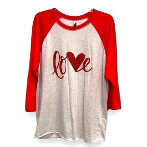 NWOT Next Level Apparel Size Large Gray/Red “LOVE” 3/4 Sleeve Baseball Tee